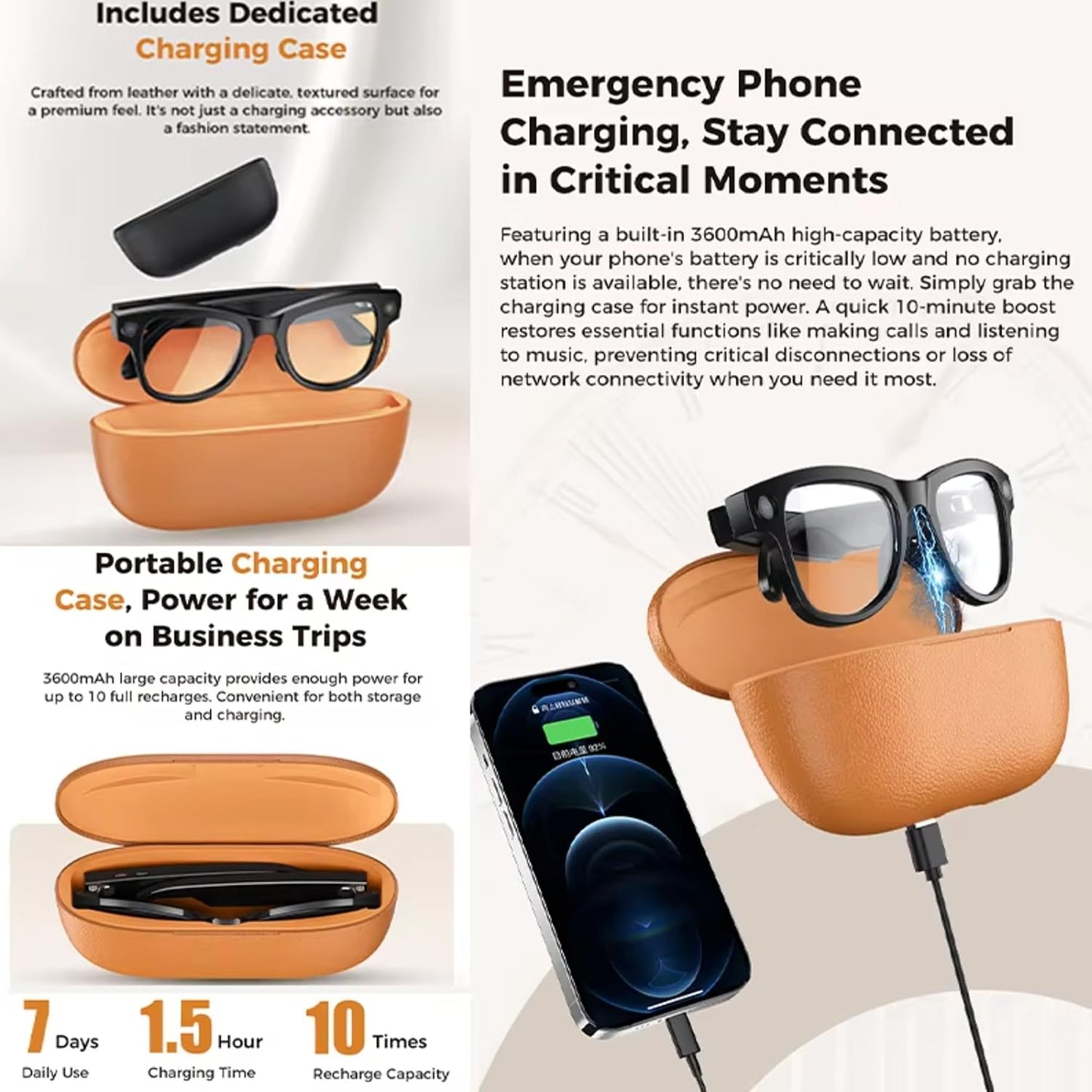 AI Smart Glasses 4K HD Camera, BT Call 800W Anti-Shake Camera Glasses with Video Recording Dual Mic Simultaneous Interpretation/Gpt Identify Objects with Charging Case and Replaceable Lenses