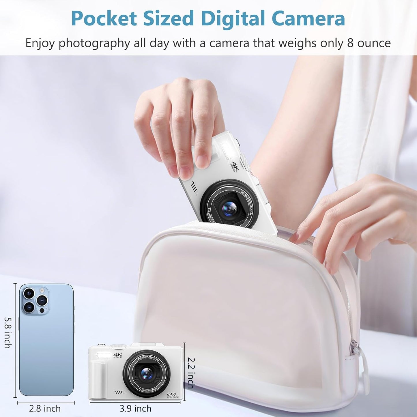4K Digital Camera for Photography, 64MP Vlogging Camera for Youtube with 3" 180° Flip Screen, 18X Digital Zoom Point and Shoot Camara with 32GB Micro SD Card for Beginner (White)