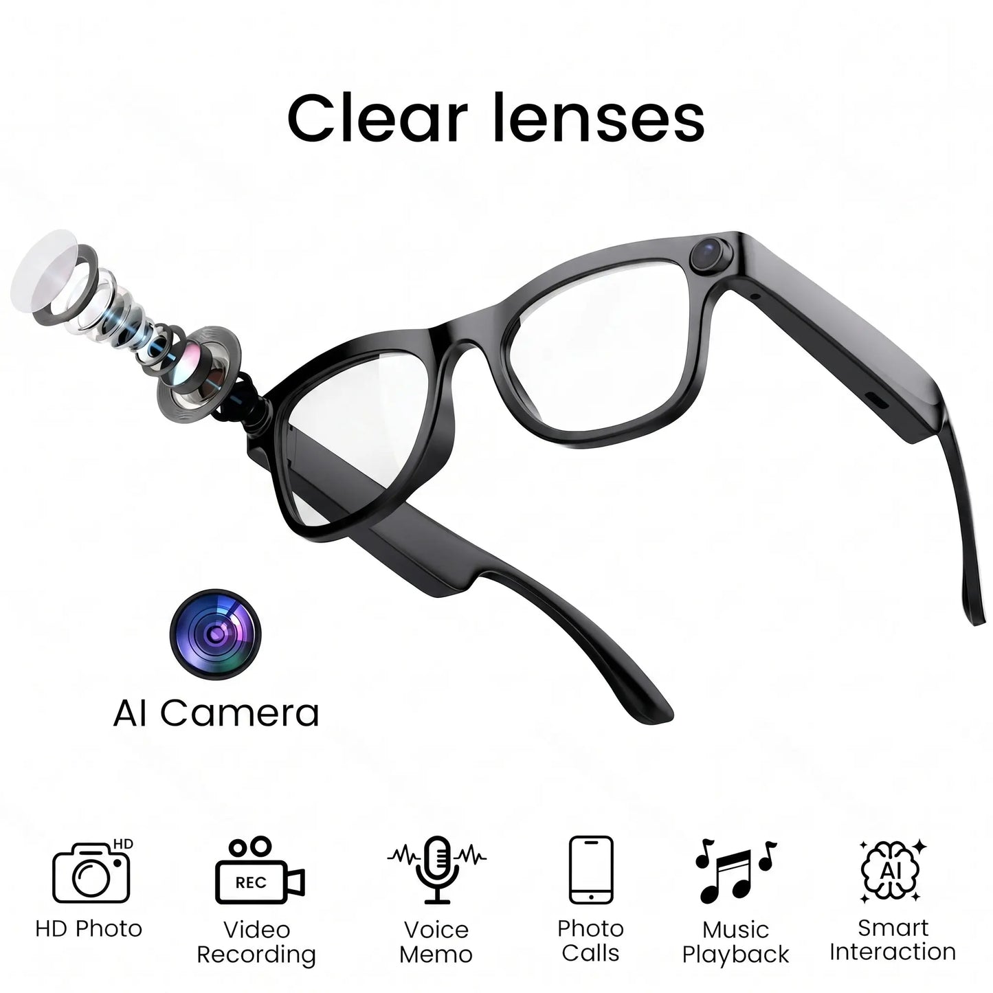 Gemirels Wireless Wearable AI Smart Camera Glasses - HD Anti-Shake Recording, Real-Time Translation, Bluetooth Audio & Calls, 1-Touch Capture for Outdoor Travel, Daily Use Fathersdaygift, Camera Smart Sunglasses, Smart Music Glasses