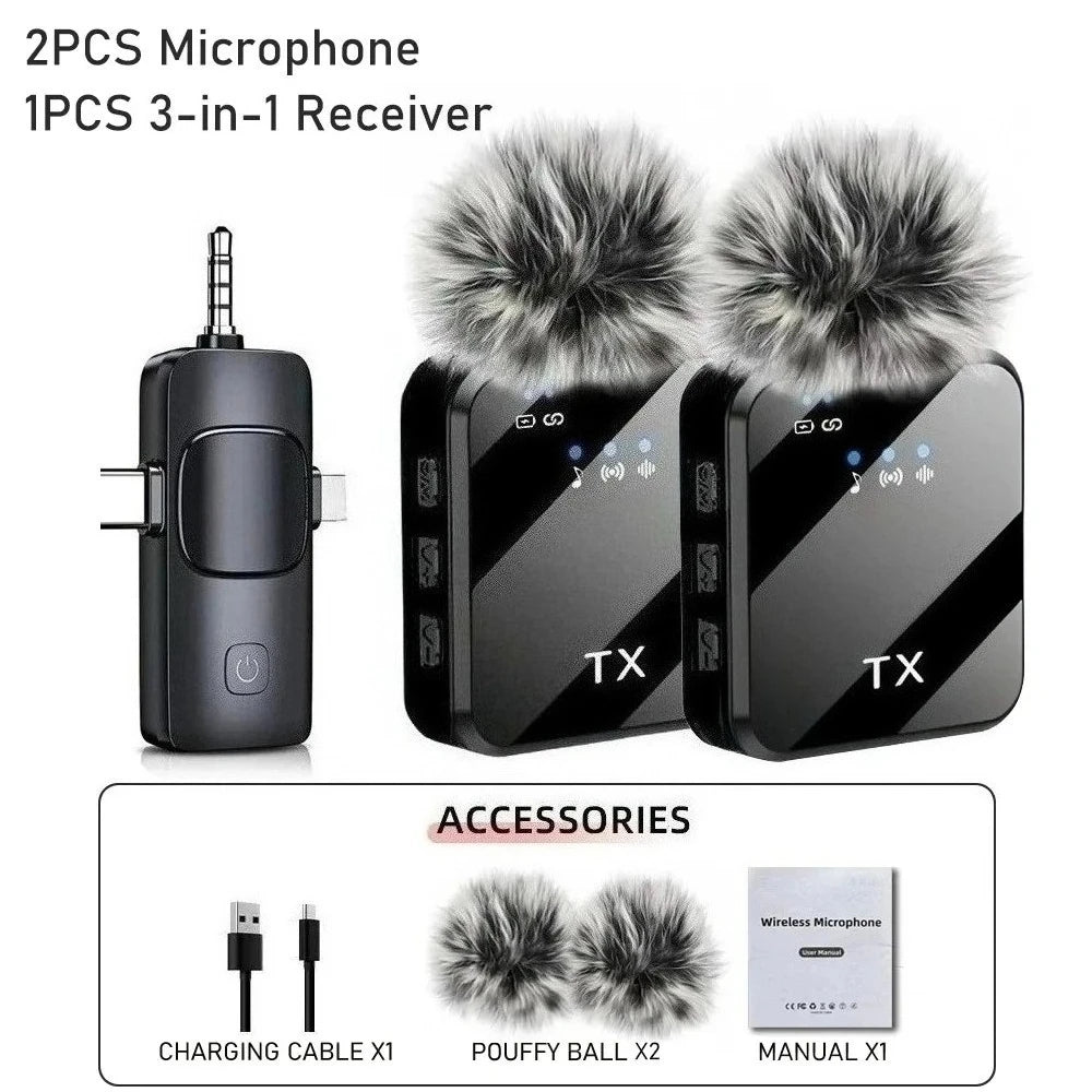 3-in-1 Wireless Lavalier Microphone for Cameras, Android, and iPhone - Ideal for Video Recording and Podcasting with Noise Reduction Technology