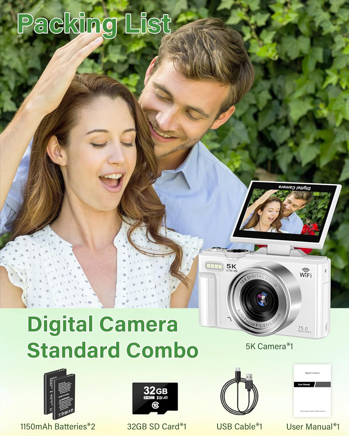 5K Digital Camera for Photography, 75MP Wifi Vlogging Camera for Youtube with 3" 180° Flip Screen, 18X Zoom UHD Autofocus Video Camara with 32GB SD Card
