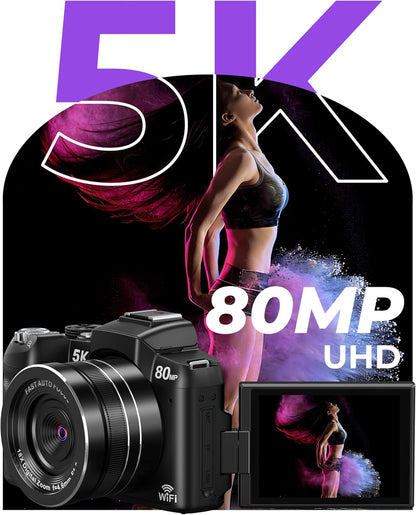 5K Digital Camera - 80MP Wifi Cameras for Photography - UHD Fast Autofocus Vlogging Camera for Youtube with 3" 270° Flip Screen - Travel Video Camara for Beginner with 18X Zoom, 32GB Card, Lens Hood