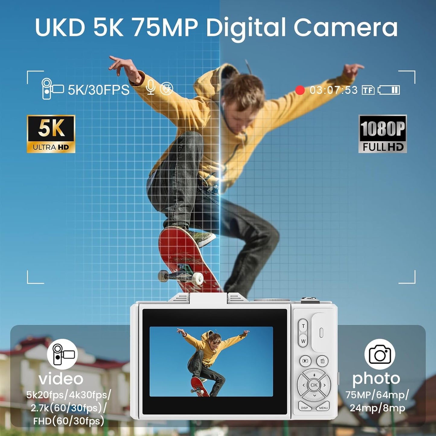 5K Digital Photography Camera with Autofocus, 75MP Resolution, Wifi Connectivity, and 3" 180° Flip Screen, Featuring 18X Digital Zoom, 64GB SD Card, and 2 Batteries - Ideal for Beginners, White