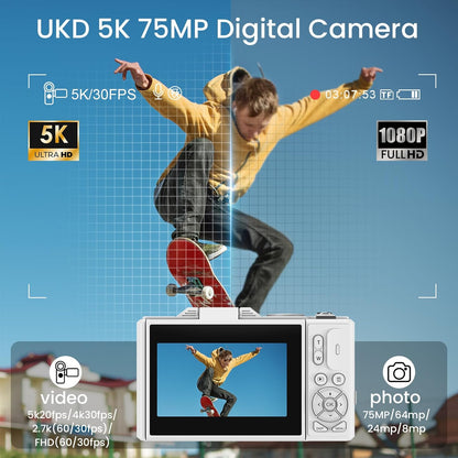 5K Digital Photography Camera with Autofocus, 75MP Resolution, Wifi Connectivity, and 3" 180° Flip Screen, Featuring 18X Digital Zoom, 64GB SD Card, and 2 Batteries - Ideal for Beginners, White
