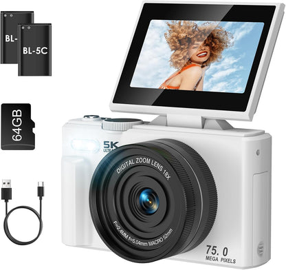 5K Digital Photography Camera with Autofocus, 75MP Resolution, Wifi Connectivity, and 3" 180° Flip Screen, Featuring 18X Digital Zoom, 64GB SD Card, and 2 Batteries - Ideal for Beginners, White