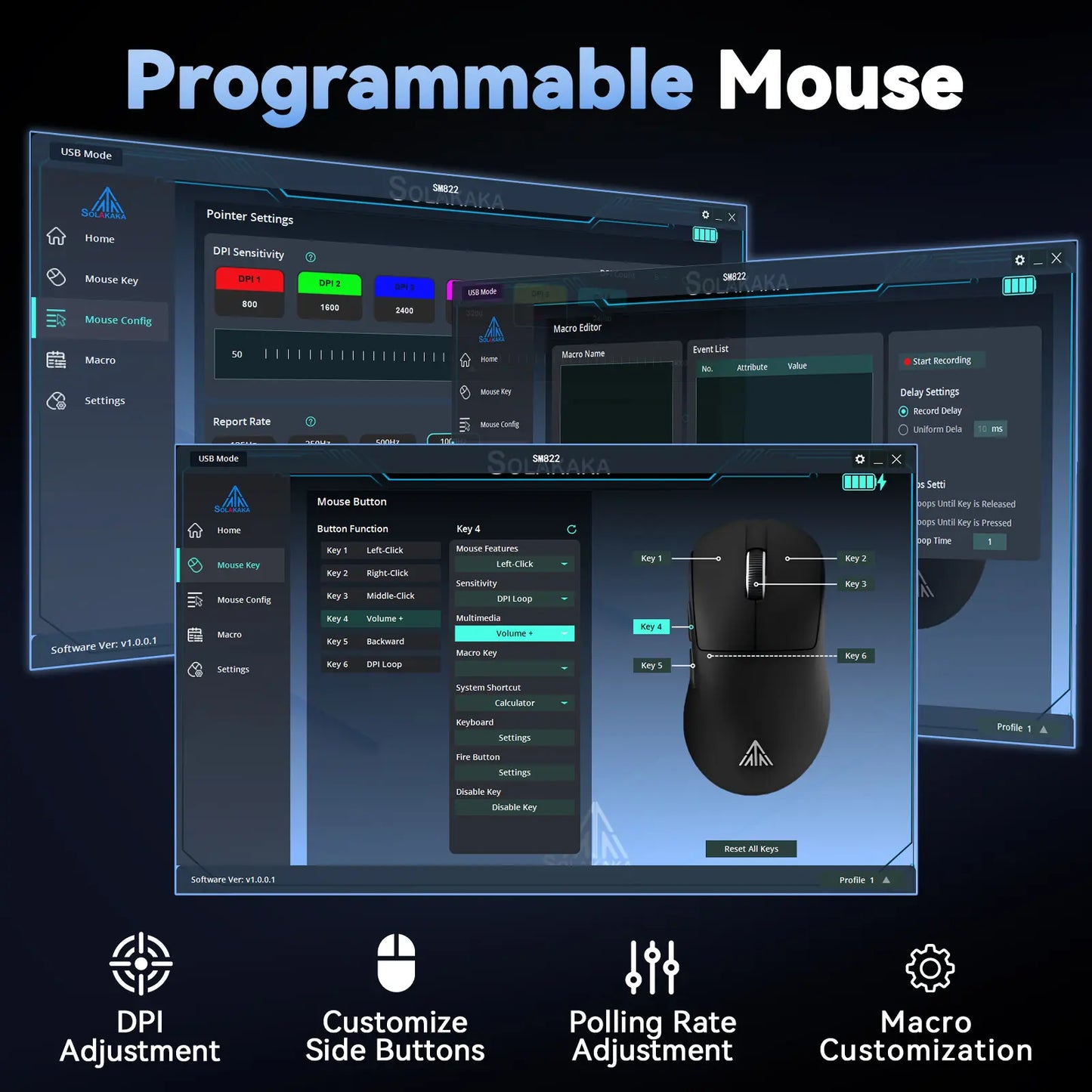 SOLAKAKA SM822 Tri-Mode Wireless Gaming Mouse with RGB Charging Dock, 24000 DPI PAW3311 Sensor, 62G Ultra-Lightweight Programmable Design for PC Gamers, Gaming Accessories