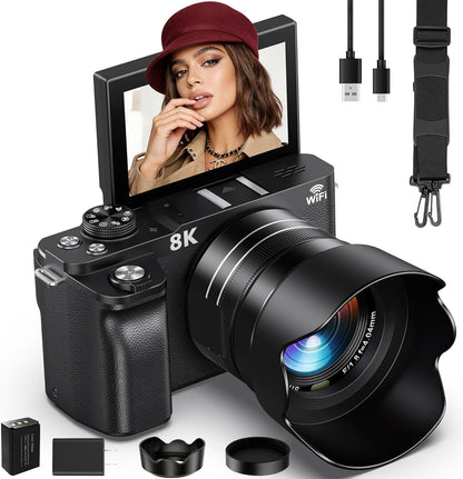 Digital Camera Wifi - 8K 88MP Cameras for Photography - 18X Zoom Vlogging Camera for Youtube with 3" 180° Flip Screen- UHD Autofocus Video Camara with Lens Hood 64GB Card