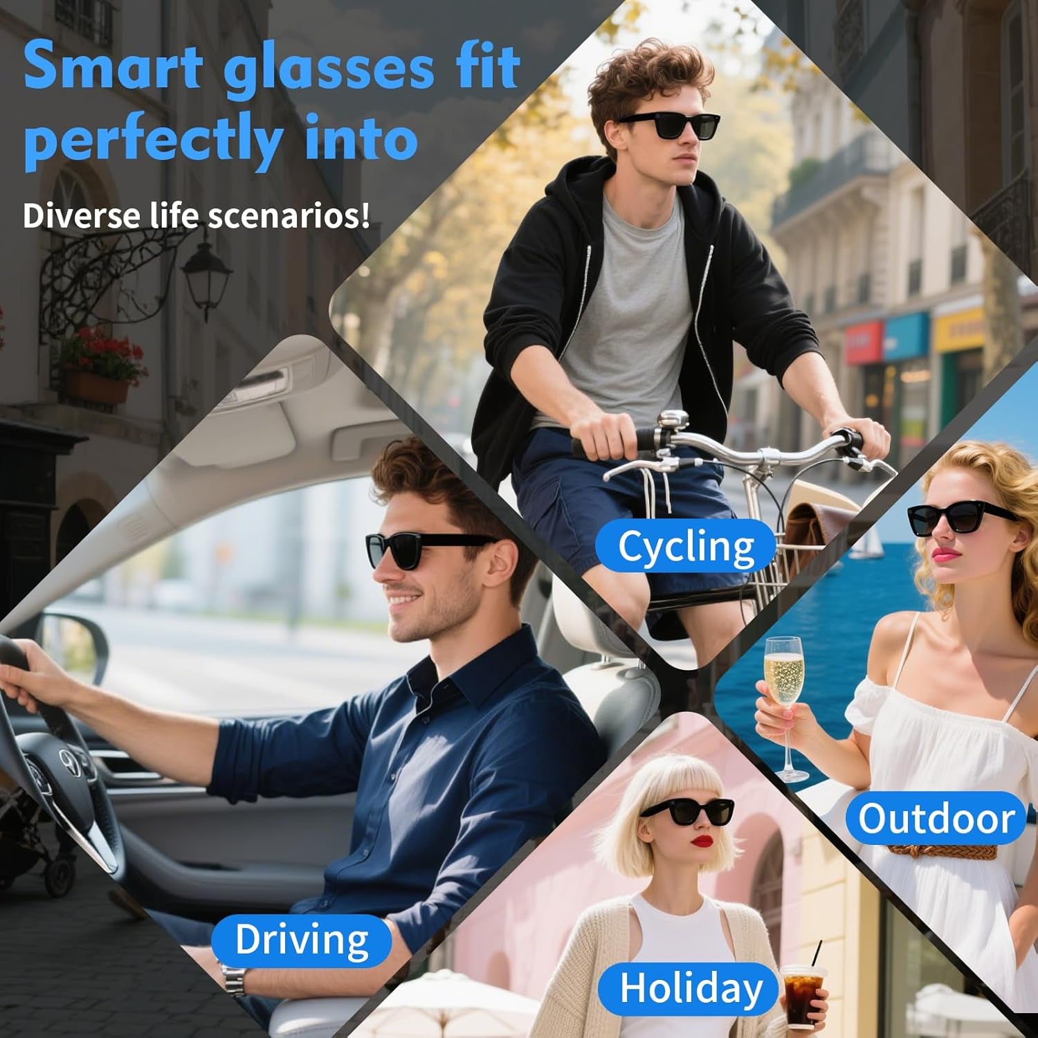 AL Smart Glasses for Men and Women - Bluetooth Enabled, Camera Equipped, Real-Time Translation with Speakers, 8MP HD Recording, Open-Ear Smart Sunglasses for Travel, Work, and Driving