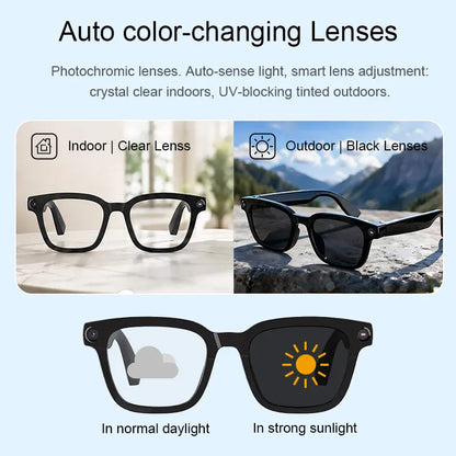 Smart AI Glasses with 8MP Camera, 1200P HD Video & Photo Capture Wearable for Travel, Real-Time Translation Support, Recording Glasses with AI Voice Assistant, Open-Ear Audio, Object Recognition, Bluetooth， Photochromic Lenses