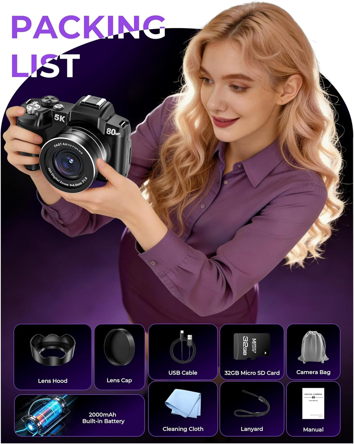 5K Digital Camera - 80MP Wifi Cameras for Photography - UHD Fast Autofocus Vlogging Camera for Youtube with 3" 270° Flip Screen - Travel Video Camara for Beginner with 18X Zoom, 32GB Card, Lens Hood