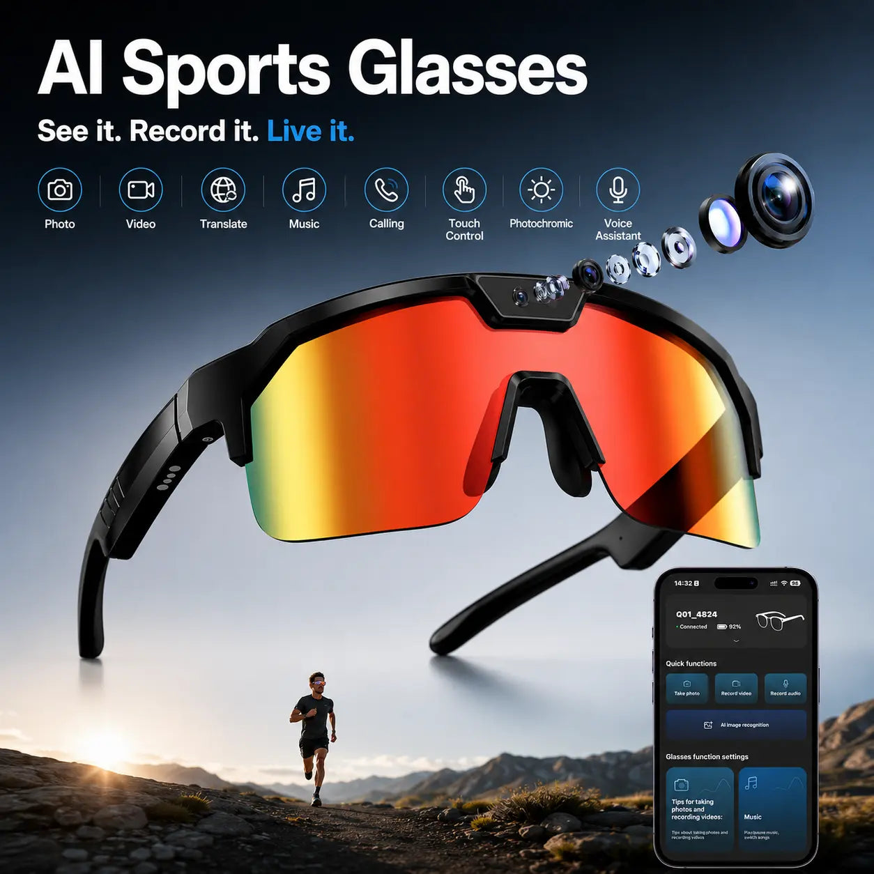 Multifunctional Smart Wearable Camera Glasses - 1200P Ultra Video Recording, 8MP Photochromic Lenses, Bluetooth Audio, 160+ Language Translation, UV Protection, Voice Assistant Glasses for Hiking & Outdoor Sports, Father'S Day Gift
