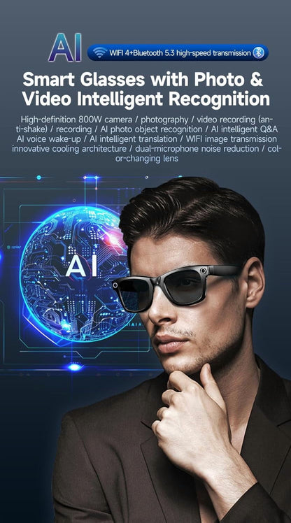 AI Smart Glasses with 800W Camera and 1080P Video, Bluetooth Connectivity, UV Protection, and Anti-Blue Light Features for Daily Use