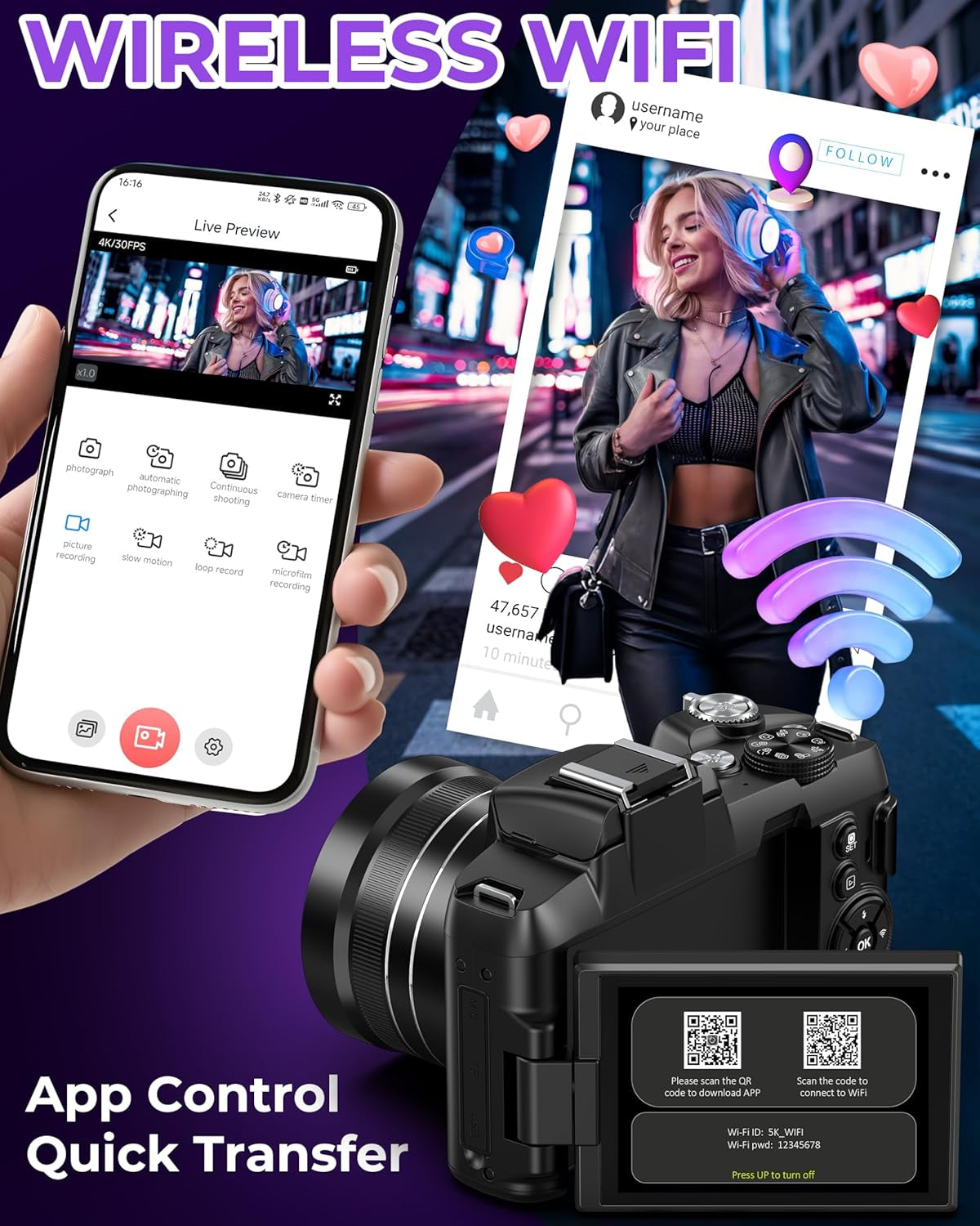 5K Digital Camera - 80MP Wifi Cameras for Photography - UHD Fast Autofocus Vlogging Camera for Youtube with 3" 270° Flip Screen - Travel Video Camara for Beginner with 18X Zoom, 32GB Card, Lens Hood