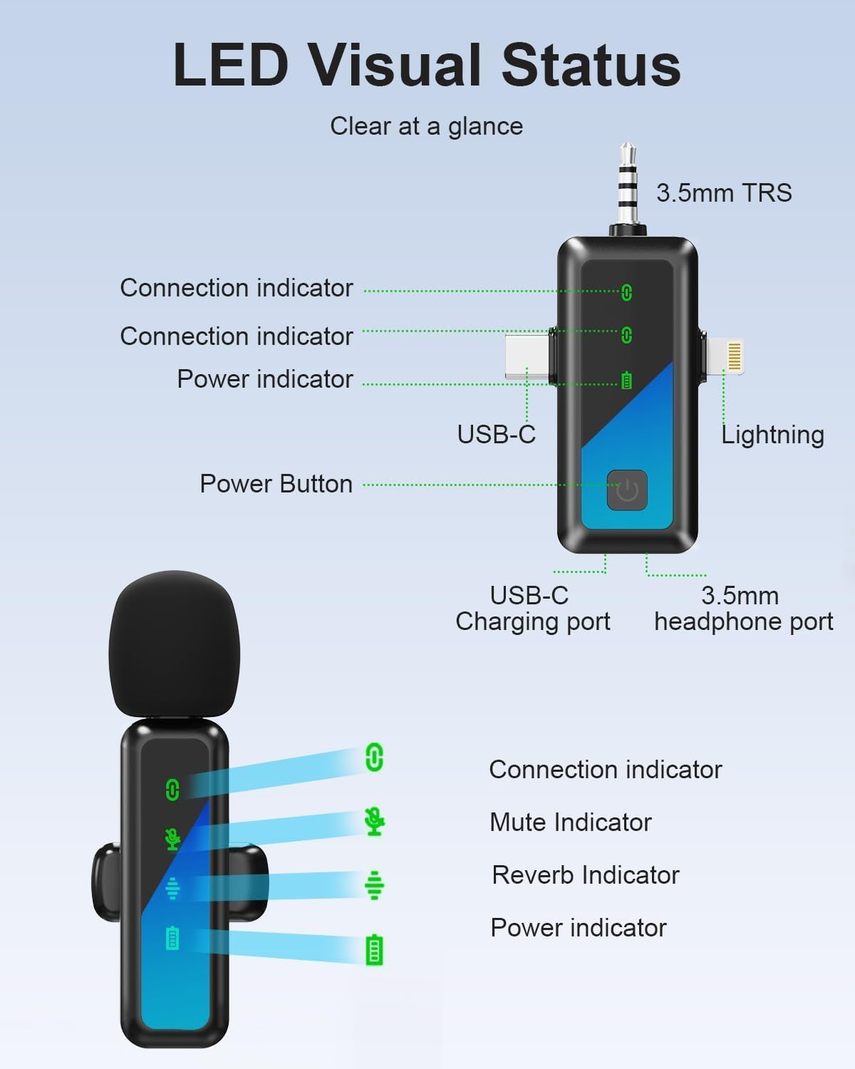 3-in-1 Wireless Lavalier Microphone for iPhone, iPad, Android, and Camera Devices with LED Display, USB-C Connectivity for Video Recording, Vlogging, TikTok, and Interviews