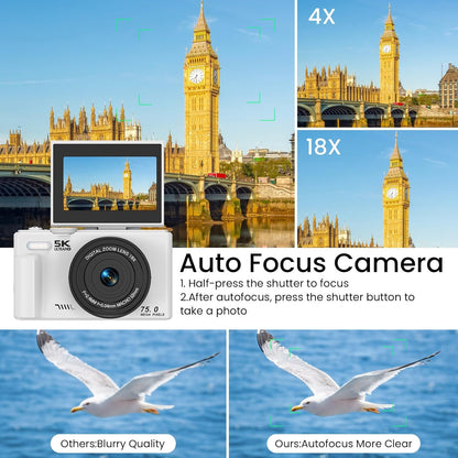 5K Digital Photography Camera with Autofocus, 75MP Resolution, Wifi Connectivity, and 3" 180° Flip Screen, Featuring 18X Digital Zoom, 64GB SD Card, and 2 Batteries - Ideal for Beginners, White