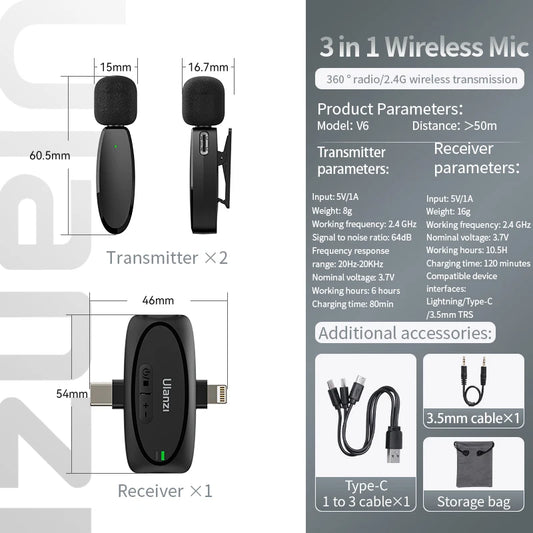 V6 Lavalier Microphone Wireless 3 in 1 for Iphone 15 14 13 Android Type C Lightning Camera Portable Audio Record Mini Mic