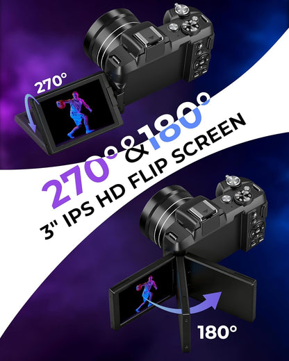 5K Digital Camera - 80MP Wifi Cameras for Photography - UHD Fast Autofocus Vlogging Camera for Youtube with 3" 270° Flip Screen - Travel Video Camara for Beginner with 18X Zoom, 32GB Card, Lens Hood