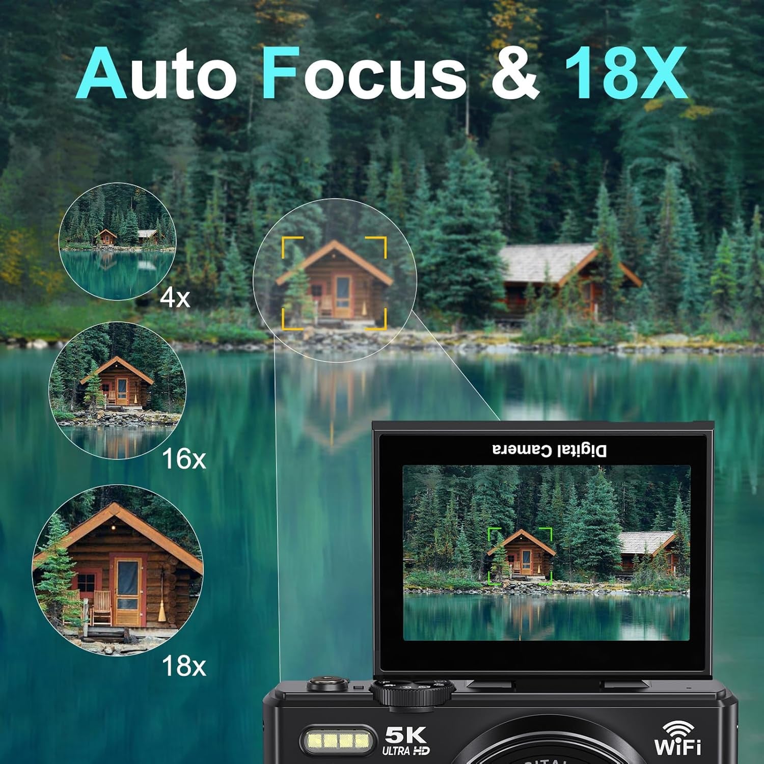 5K Digital Camera for Photography - 75MP Wifi Vlogging Camera for Youtube - UHD 18X Zoom Digital Cameras with Flip Screen 3" 180° - Travel Flash Camara with 32GB SD Card for Beginners & Adults
