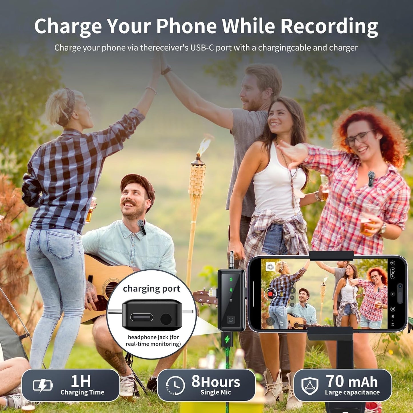 Wireless Lavalier Microphone for Iphone, Android, Camera, 3 in 1 Mini Clip-On Lapel Mic with Noise Canceling & Battery Display, 2 Pack for Tiktok Youtube Vlog Podcast Video Recording