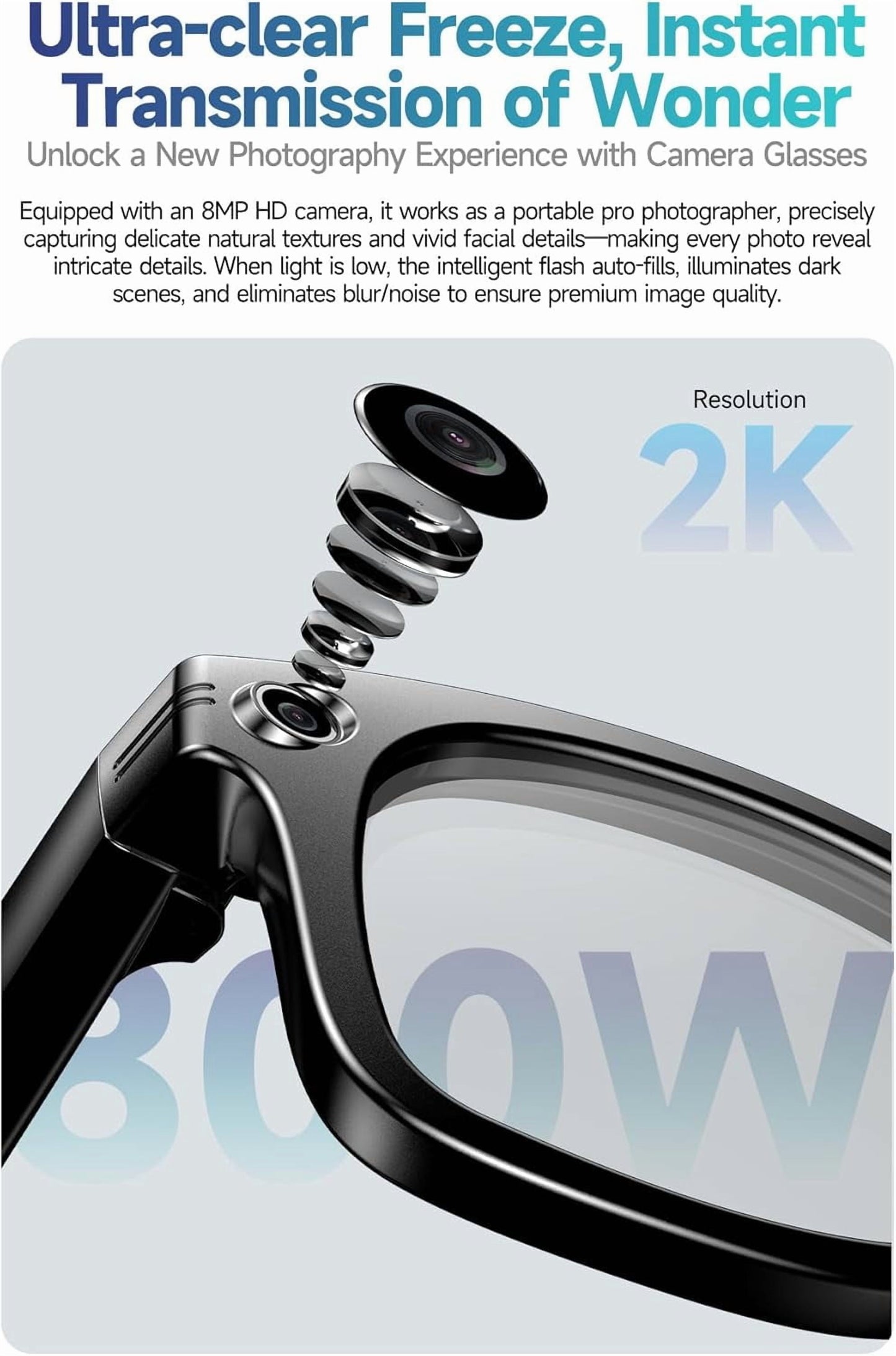 AI Smart Glasses with 800W Camera and 1080P Video, Bluetooth Connectivity, UV Protection, and Anti-Blue Light Features for Daily Use