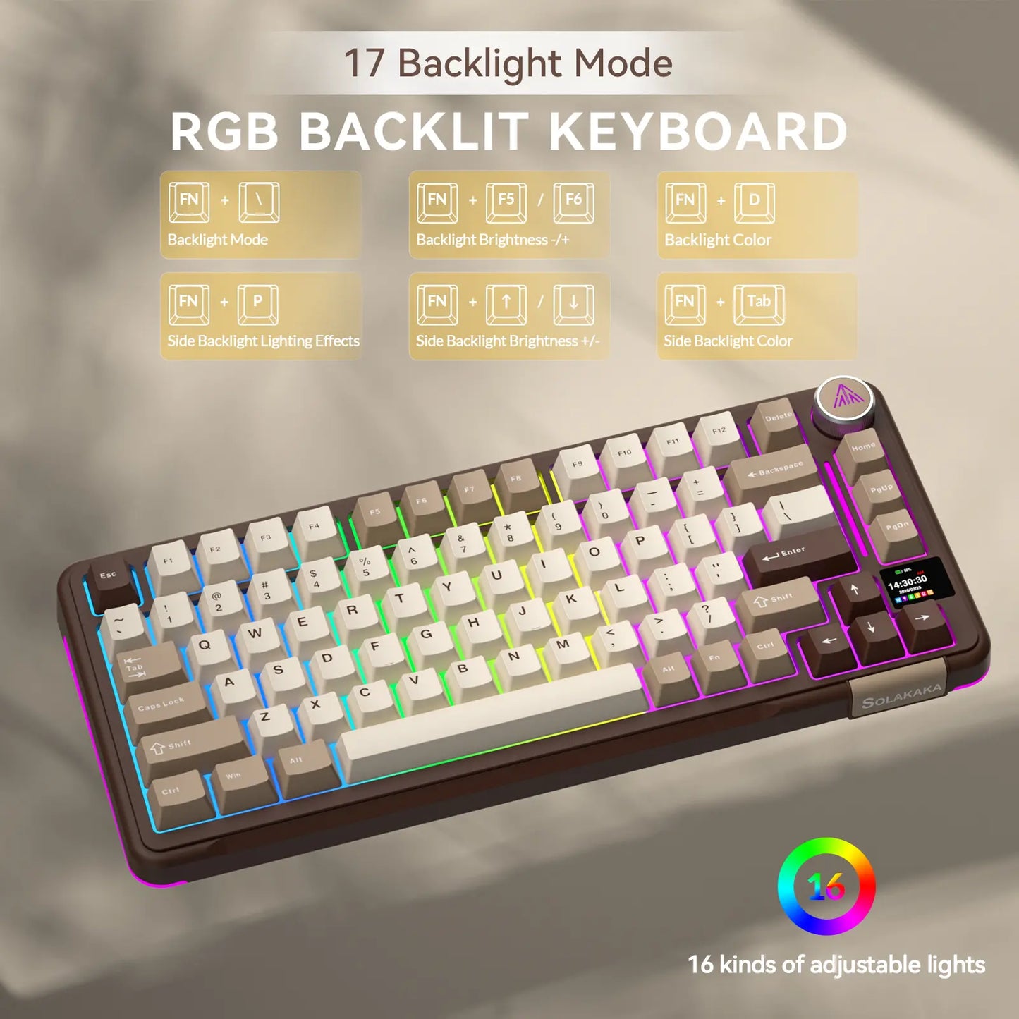 Solakaka A75 Pro Wireless Mechanical Keyboard, Tri-Mode 2.4G/BT5.0/USB-C, RGB Backlit Gaming Keyboard with Screen & Knob, Hot Swappable, Creamy Custom Keyboard for PC Mac Linux Milk Coffee Brown Color Home Office Desk Accessory