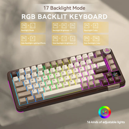 Solakaka A75 Pro Wireless Mechanical Keyboard, Tri-Mode 2.4G/BT5.0/USB-C, RGB Backlit Gaming Keyboard with Screen & Knob, Hot Swappable, Creamy Custom Keyboard for PC Mac Linux Milk Coffee Brown Color Home Office Desk Accessory