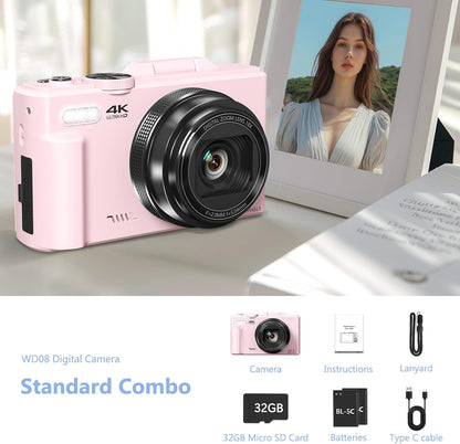 4K Digital Camera for Photography, 64MP Vlogging Camera for Youtube with 3" 180° Flip Screen, 18X Digital Zoom Point and Shoot Camara with 32GB Micro SD Card for Beginner (LP)