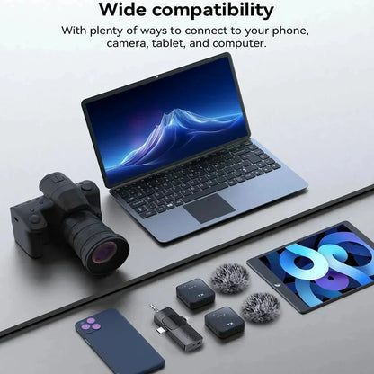 3-in-1 Wireless Lavalier Microphone for Cameras, Android, and iPhone - Ideal for Video Recording and Podcasting with Noise Reduction Technology