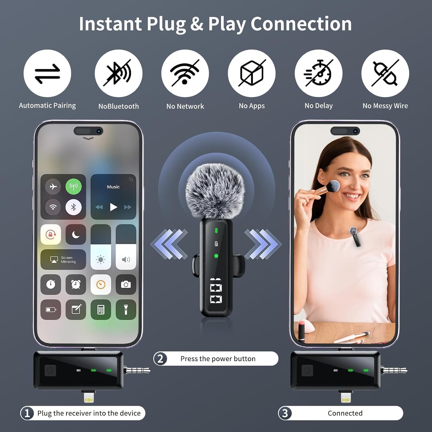 Wireless Lavalier Microphone for Iphone, Android, Camera, 3 in 1 Mini Clip-On Lapel Mic with Noise Canceling & Battery Display, 2 Pack for Tiktok Youtube Vlog Podcast Video Recording