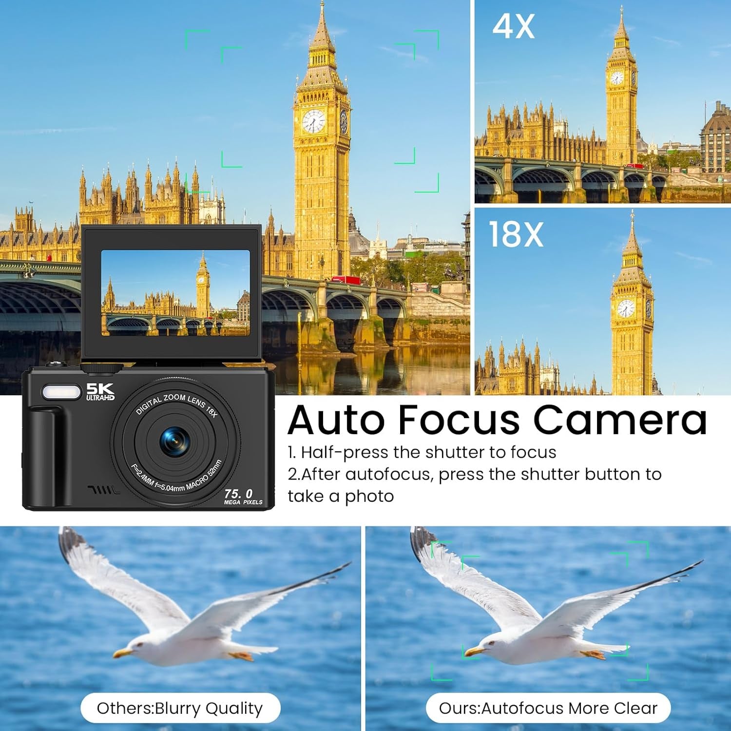5K Digital Camera with 75MP Autofocus, WiFi Connectivity, 3" 180° Flip Screen, 18X Digital Zoom, 64GB SD Card, and 2 Batteries - Ideal for Photography and Vlogging Beginners, Black