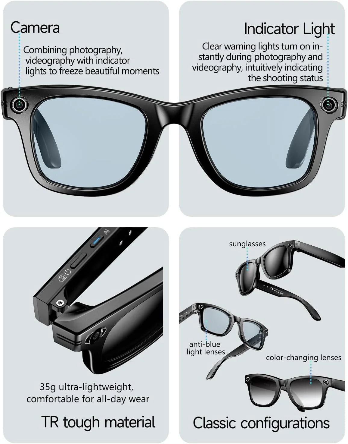 AI Smart Glasses with 800W Camera and 1080P Video, Bluetooth Connectivity, UV Protection, and Anti-Blue Light Features for Daily Use