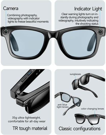 AI Smart Glasses with 800W Camera and 1080P Video, Bluetooth Connectivity, UV Protection, and Anti-Blue Light Features for Daily Use