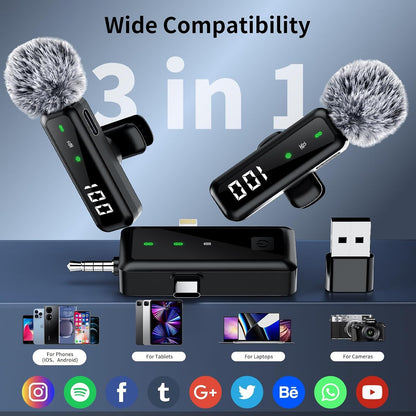 Wireless Lavalier Microphone for Iphone, Android, Camera, 3 in 1 Mini Clip-On Lapel Mic with Noise Canceling & Battery Display, 2 Pack for Tiktok Youtube Vlog Podcast Video Recording