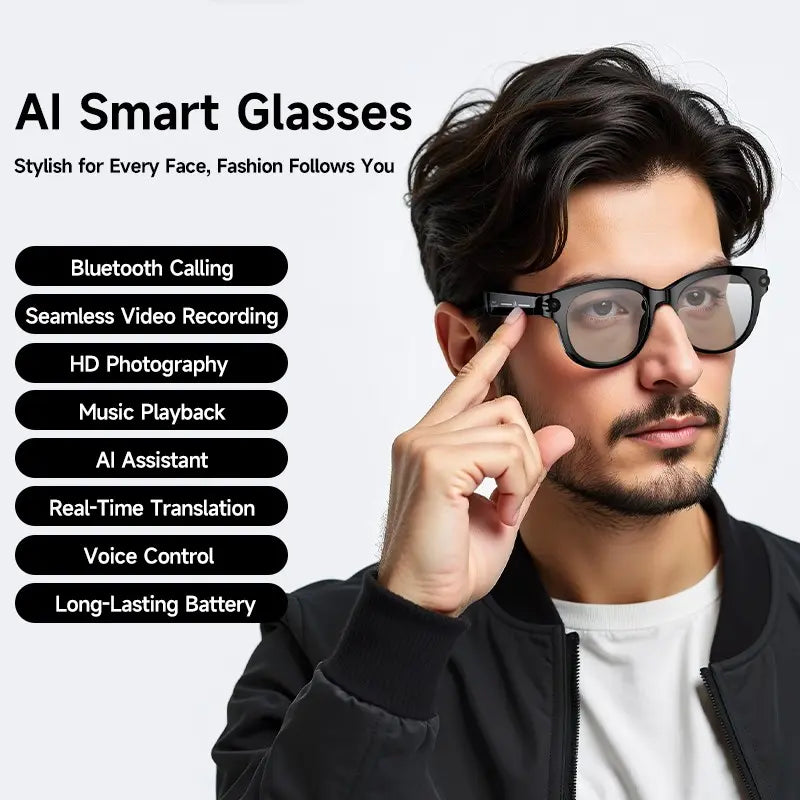 AI Glasses for Men & Women, Smart Glasses with Camera , 2MP Anti-Shake Video Recording, 39G Lightweight ,290Mah Battery ,Support AI Translation, Voice Assistant, Bluetooth Calling ,Music Control ,Easy-To-Use Wearable
