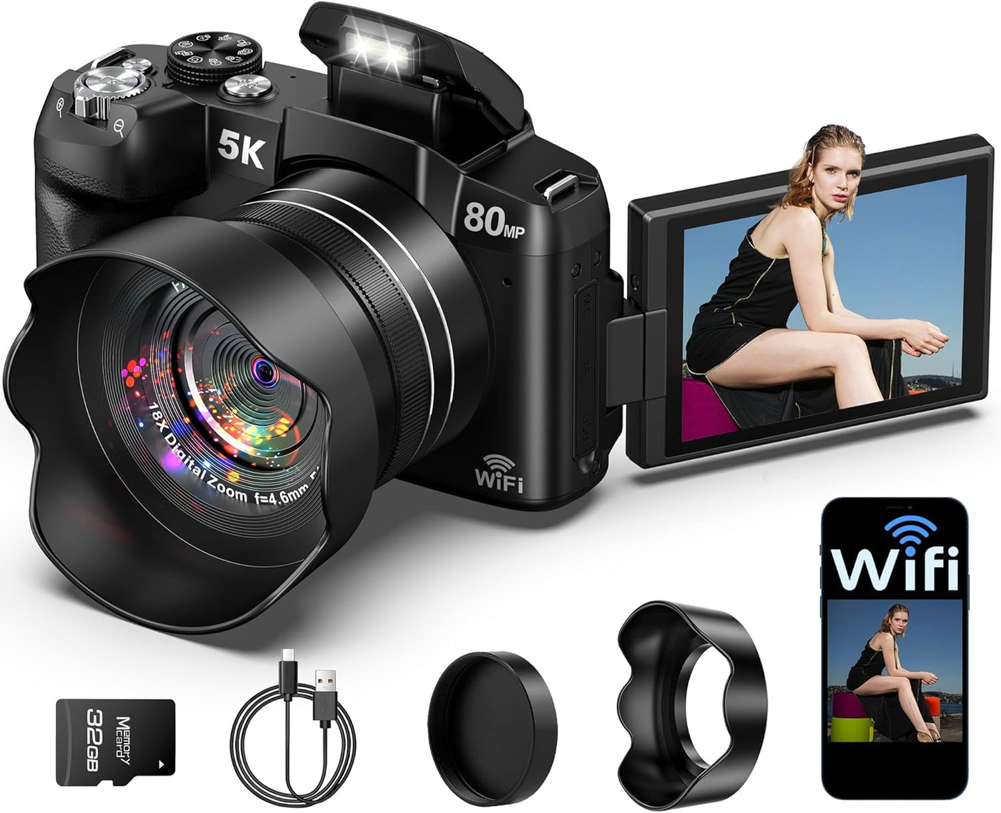 5K Digital Camera - 80MP Wifi Cameras for Photography - UHD Fast Autofocus Vlogging Camera for Youtube with 3" 270° Flip Screen - Travel Video Camara for Beginner with 18X Zoom, 32GB Card, Lens Hood