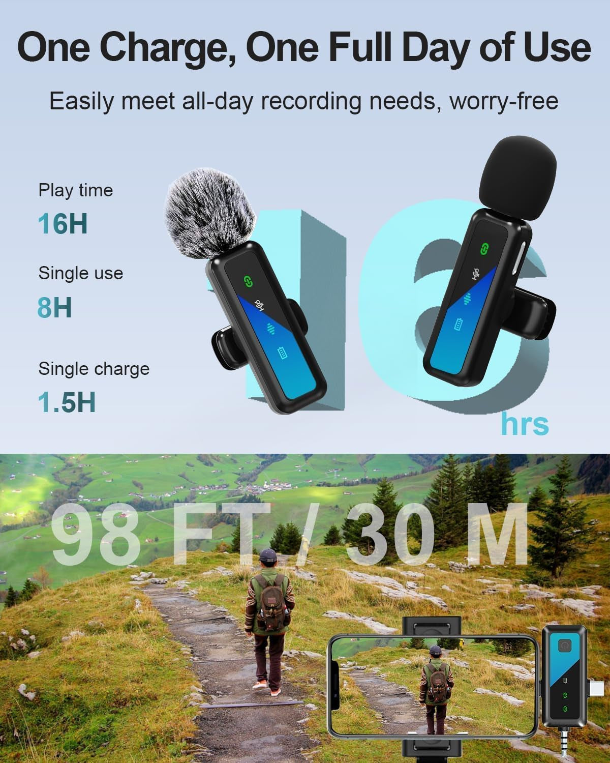 3-in-1 Wireless Lavalier Microphone for iPhone, iPad, Android, and Camera Devices with LED Display, USB-C Connectivity for Video Recording, Vlogging, TikTok, and Interviews