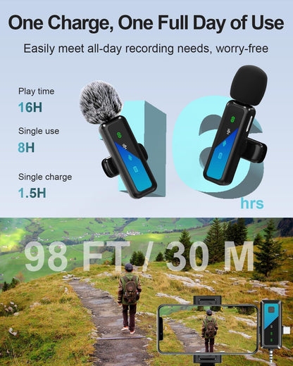 3-in-1 Wireless Lavalier Microphone for iPhone, iPad, Android, and Camera Devices with LED Display, USB-C Connectivity for Video Recording, Vlogging, TikTok, and Interviews