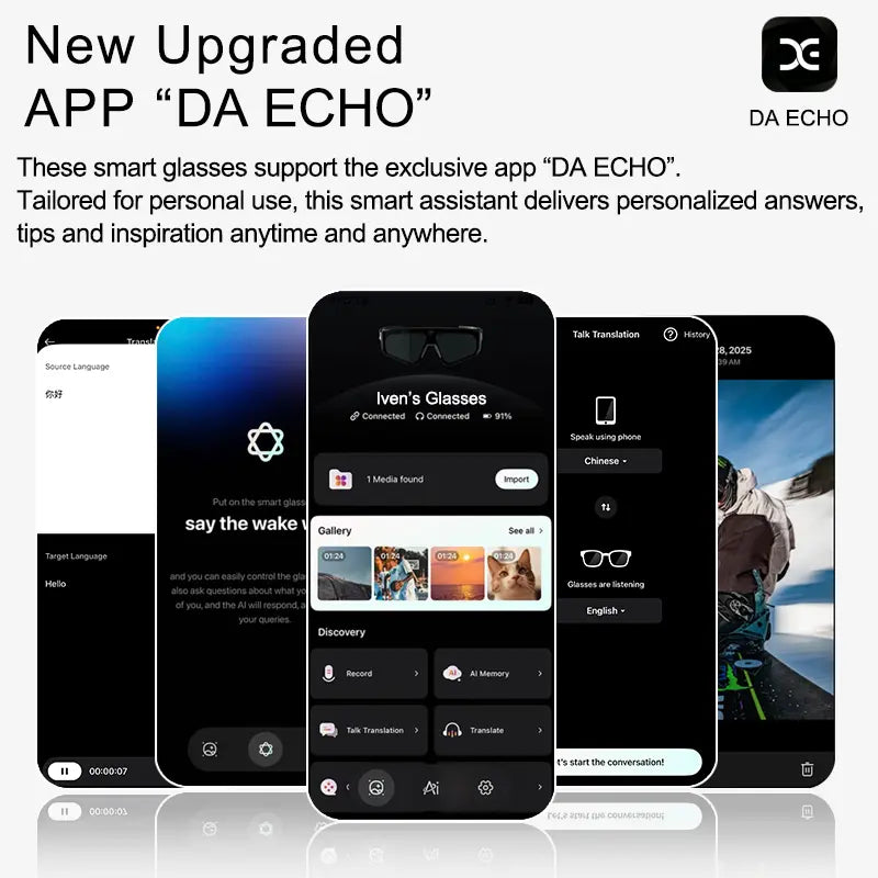 Smart AI Glasses with 8MP Camera, 1200P HD Video & Photo Capture Wearable for Travel, Real-Time Translation Support, Recording Glasses with AI Voice Assistant, Open-Ear Audio, Object Recognition, Bluetooth， Photochromic Lenses