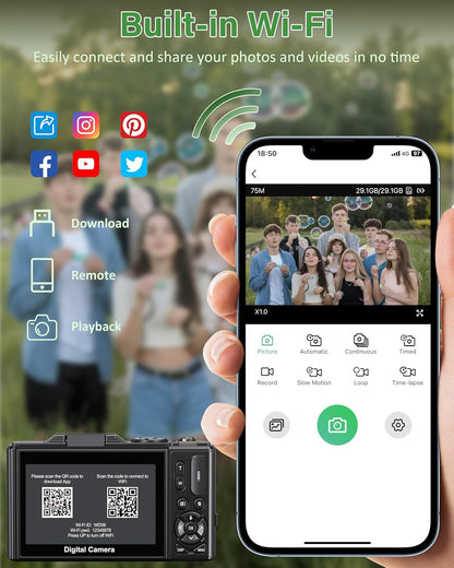5K Digital Camera for Photography, 75MP Wifi Vlogging Camera for Youtube with 3" 180° Flip Screen, 18X Zoom UHD Autofocus Video Camara with 32GB SD Card, 2 Batteries
