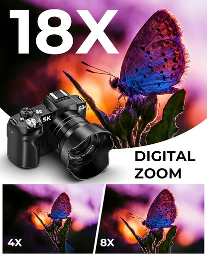 5K Digital Camera - 80MP Wifi Cameras for Photography - UHD Fast Autofocus Vlogging Camera for Youtube with 3" 270° Flip Screen - Travel Video Camara for Beginner with 18X Zoom, 32GB Card, Lens Hood