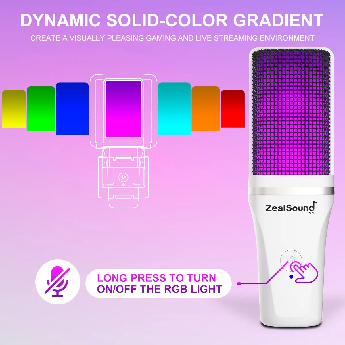Zealsound USB Plug and Play Microphone with Type-C Adapter (NO LIGHTNING ADAPTER), RGB Microphone with One-Click Mute & Monitoring, Suitable for Phone, PC, Computer, PS4, PS5, MAC, Streaming, Podcast