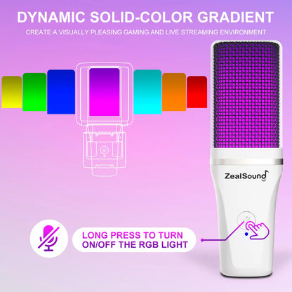 Zealsound USB Plug and Play Microphone with Type-C Adapter (NO LIGHTNING ADAPTER), RGB Microphone with One-Click Mute & Monitoring, Suitable for Phone, PC, Computer, PS4, PS5, MAC, Streaming, Podcast