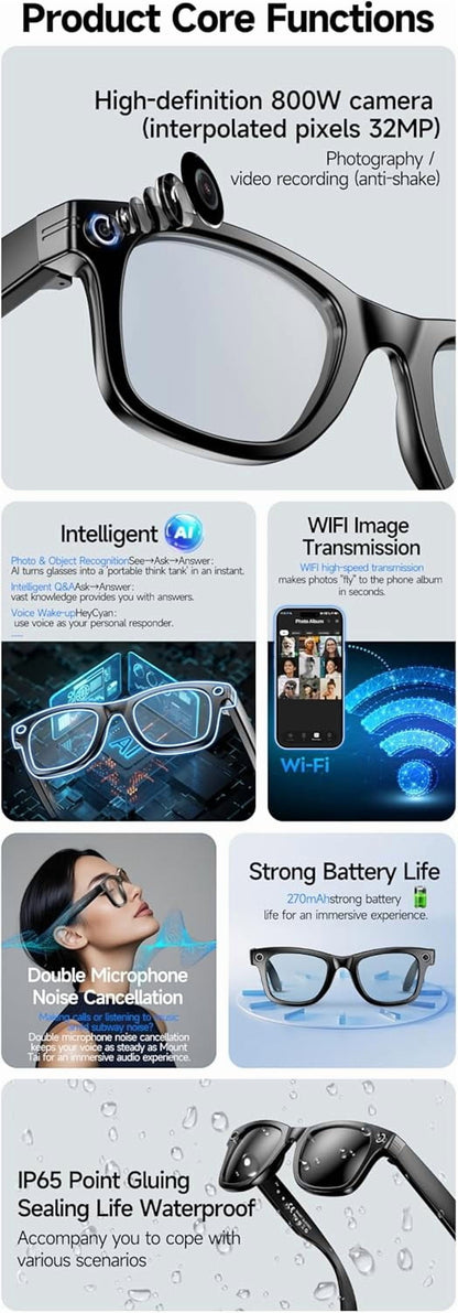AI Smart Glasses with 800W Camera and 1080P Video, Bluetooth Connectivity, UV Protection, and Anti-Blue Light Features for Daily Use