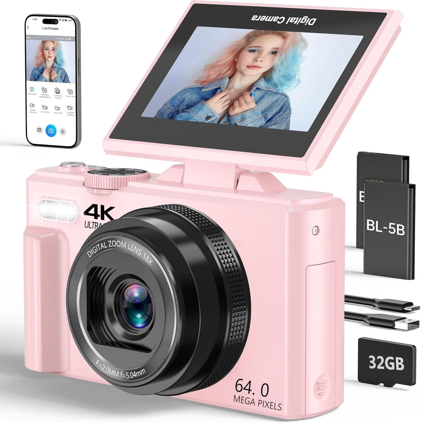 4K Digital Camera for Photography, 64MP Vlogging Camera for Youtube with 3" 180° Flip Screen, 18X Digital Zoom Point and Shoot Camara with 32GB Micro SD Card for Beginner (LP)