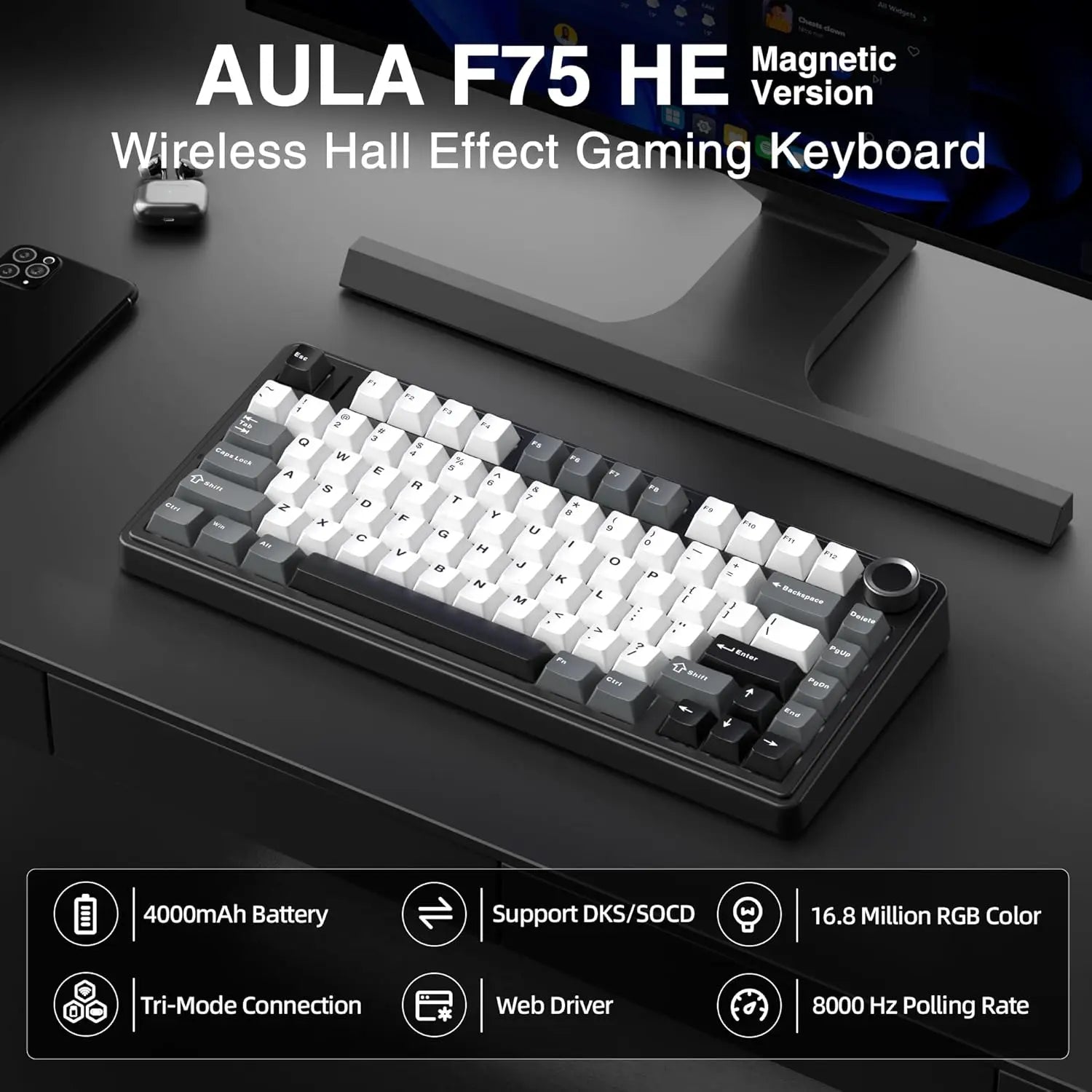 [NEW]AULA F75 HE Wireless Magnetic Switch Custom Gaming Keyboard, 75% Hall Effect Keyboard with Rapid Trigger, 8000Hz Polling Rate , Adjustable Actuation, BT/2.4G/USB-C, Hot Swappable RGB Backlit Keyboard for PC Gamer
