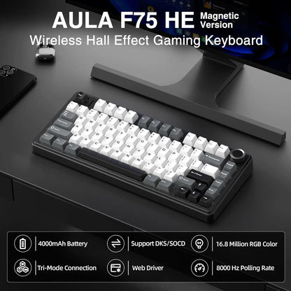 [NEW]AULA F75 HE Wireless Magnetic Switch Custom Gaming Keyboard, 75% Hall Effect Keyboard with Rapid Trigger, 8000Hz Polling Rate , Adjustable Actuation, BT/2.4G/USB-C, Hot Swappable RGB Backlit Keyboard for PC Gamer