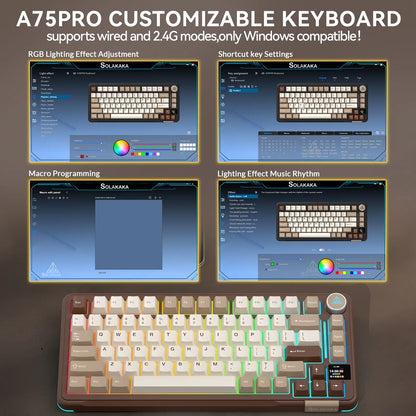 Solakaka A75 Pro Wireless Mechanical Keyboard, Tri-Mode 2.4G/BT5.0/USB-C, RGB Backlit Gaming Keyboard with Screen & Knob, Hot Swappable, Creamy Custom Keyboard for PC Mac Linux Milk Coffee Brown Color Home Office Desk Accessory