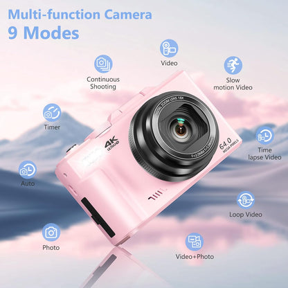 4K Digital Camera for Photography, 64MP Vlogging Camera for Youtube with 3" 180° Flip Screen, 18X Digital Zoom Point and Shoot Camara with 32GB Micro SD Card for Beginner (LP)