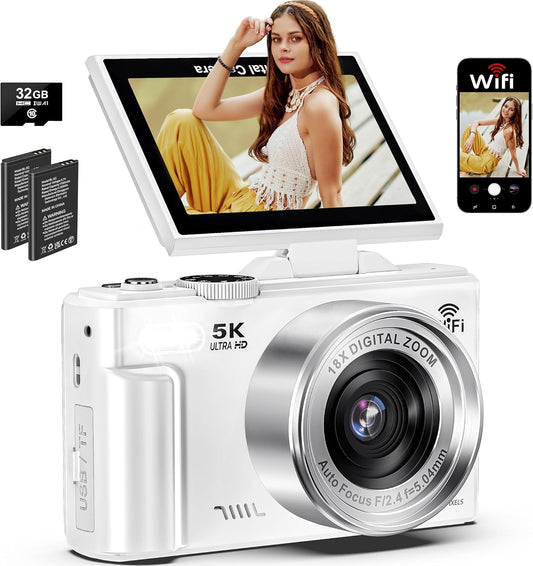 5K Digital Camera for Photography, 75MP Wifi Vlogging Camera for Youtube with 3" 180° Flip Screen, 18X Zoom UHD Autofocus Video Camara with 32GB SD Card