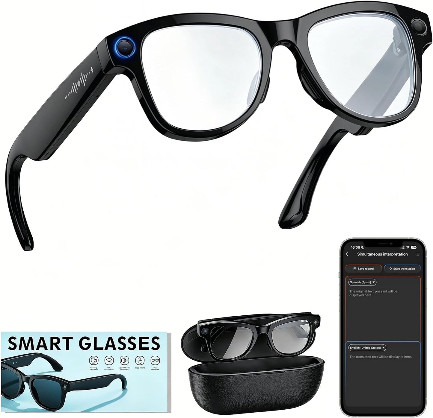 AI Smart Glasses with 8MP HD Camera, 3600mAh Charging Case, Anti-Shake Video Recording, and Voice Assistant for Travel and Business Vlogging